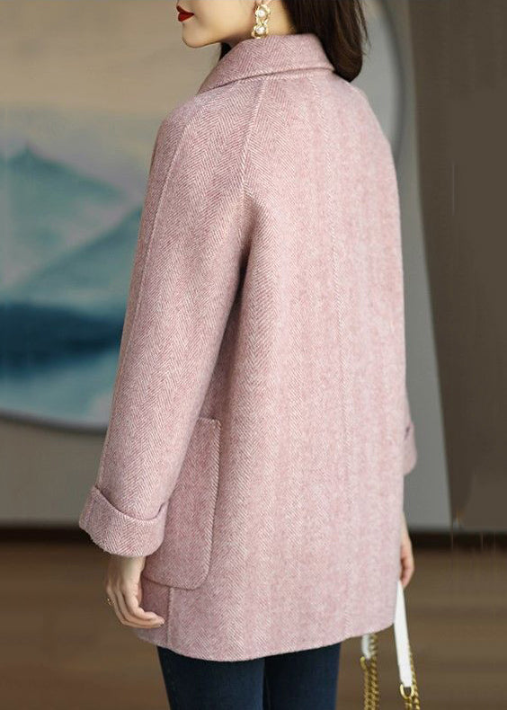 Pink Double Breast Pockets Patchwork Woolen Coats Winter