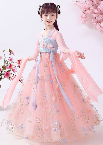 Pink Embroideried Patchwork Cotton Kids Long Dresses Summer