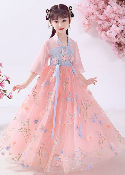Pink Embroideried Patchwork Cotton Kids Long Dresses Summer