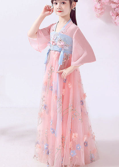 Pink Embroideried Patchwork Cotton Kids Long Dresses Summer