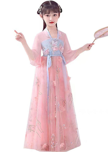 Pink Embroideried Patchwork Cotton Kids Long Dresses Summer