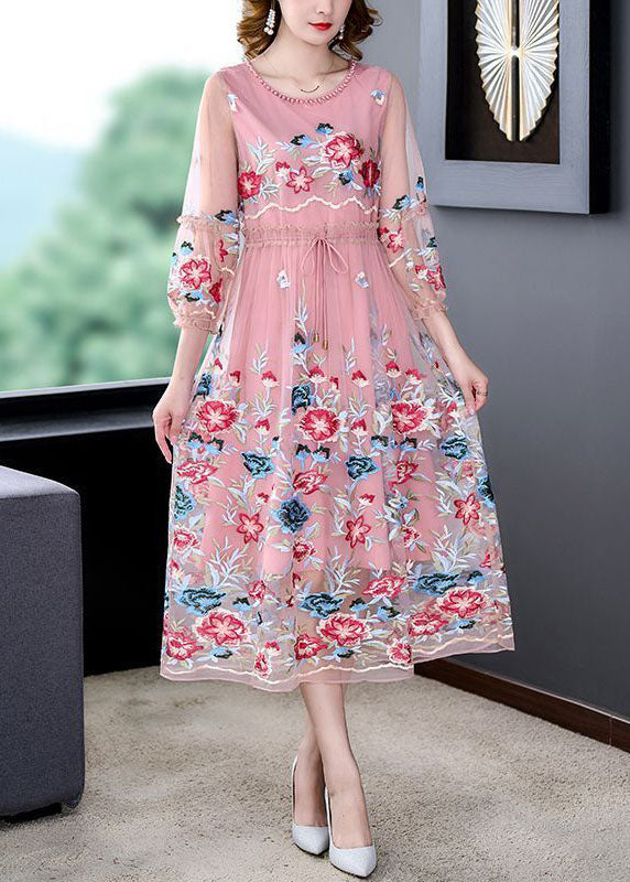 Pink Embroideried Tie Waist Hollow Out Tulle Party Dress Summer