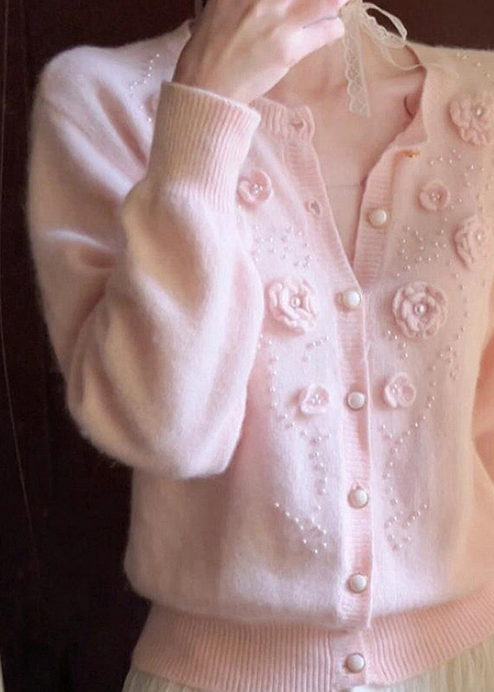 Pink Decorated Nail Bead Knit Cardigan Winter