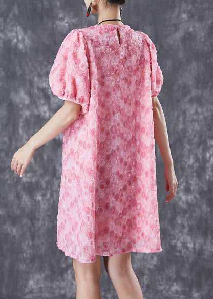 Pink Silk Mid Dresses Puff Sleeve