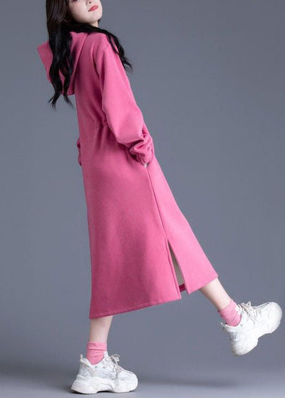Pink Hooded Cinched Side Open Warm Fleece Sweatshirts Dress Spring