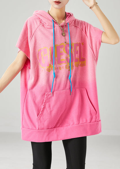 Pink Hooded Letter Pockets Cotton Sweatshirt Summer