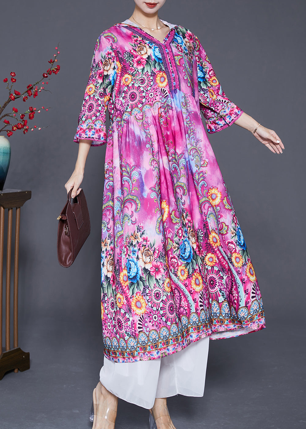 Pink Hooded Print Silk Vacation Dresses Bracelet Sleeve