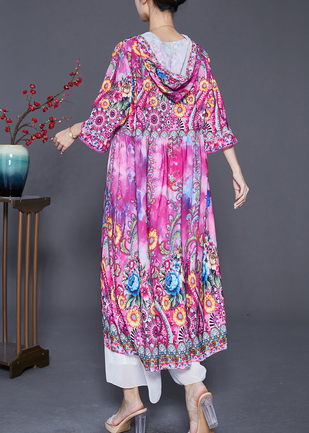 Pink Hooded Print Silk Vacation Dresses Bracelet Sleeve