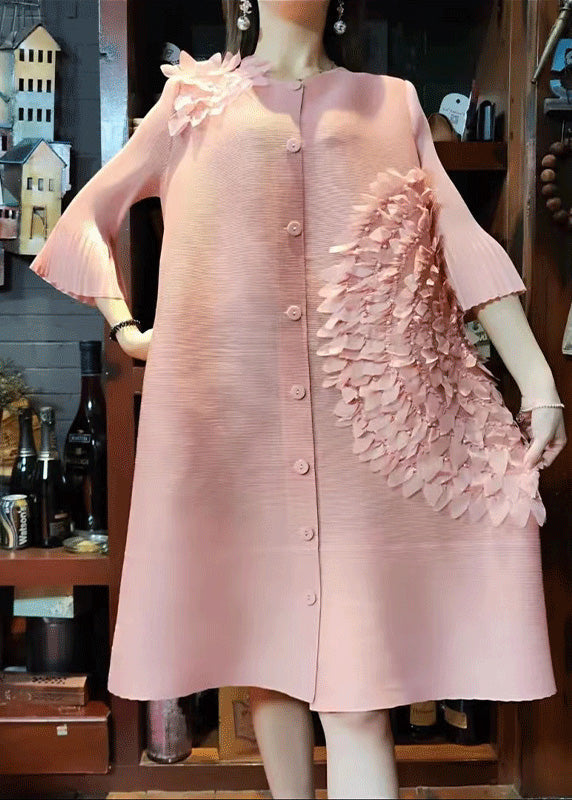Pink O-neck Nail Bead Button Long Dress Long Sleeve