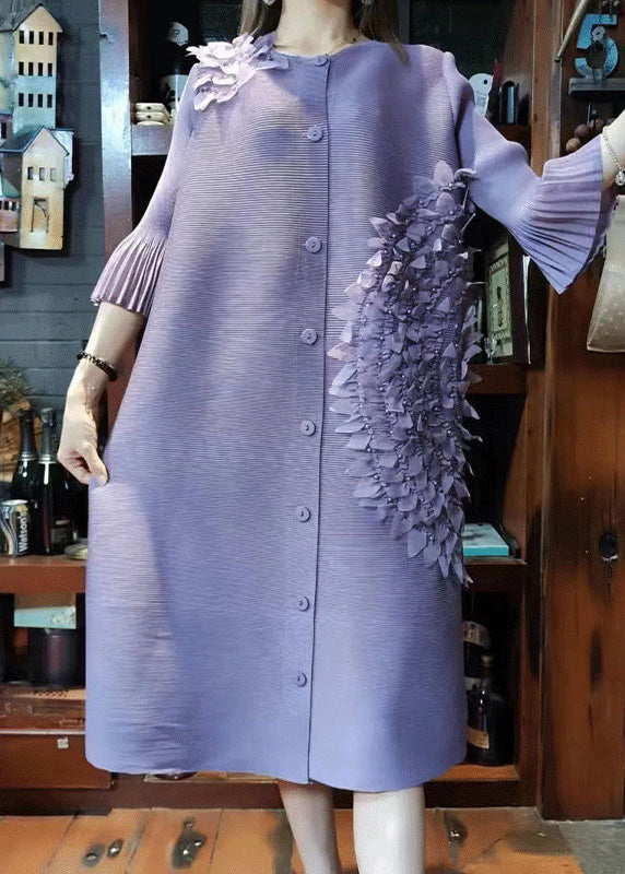 Pink O-neck Nail Bead Button Long Dress Long Sleeve