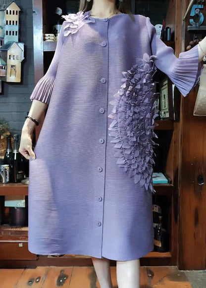 Pink O-neck Nail Bead Button Long Dress Long Sleeve