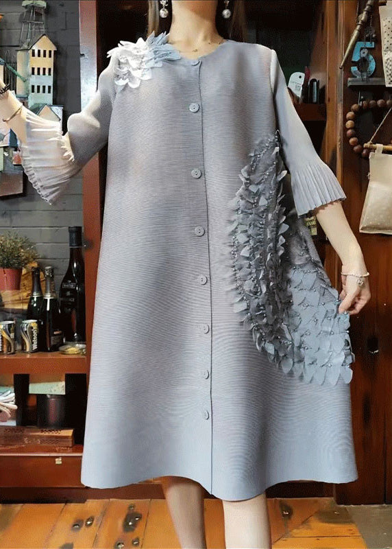 Pink O-neck Nail Bead Button Long Dress Long Sleeve