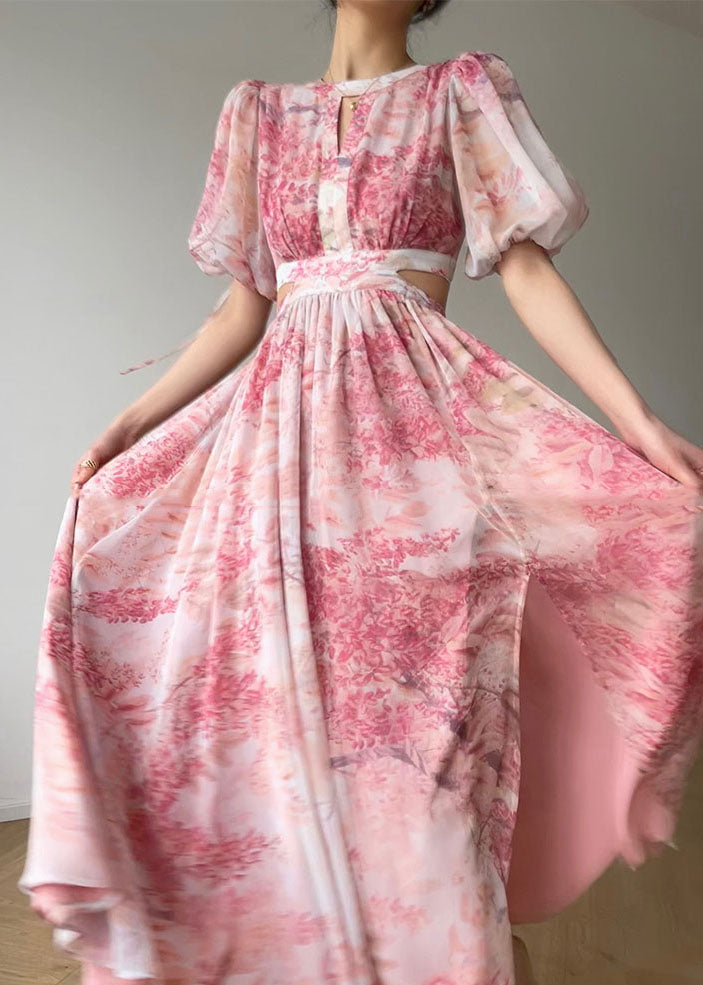 Pink O Neck Print Side Open Silk Long Dresses Summer