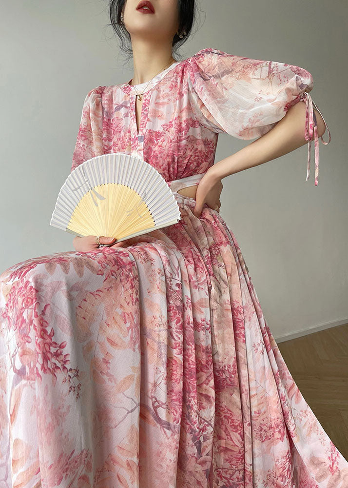 Pink O Neck Print Side Open Silk Long Dresses Summer