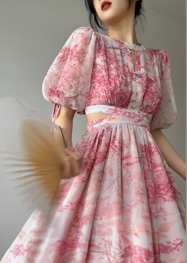 Pink O Neck Print Side Open Silk Long Dresses Summer