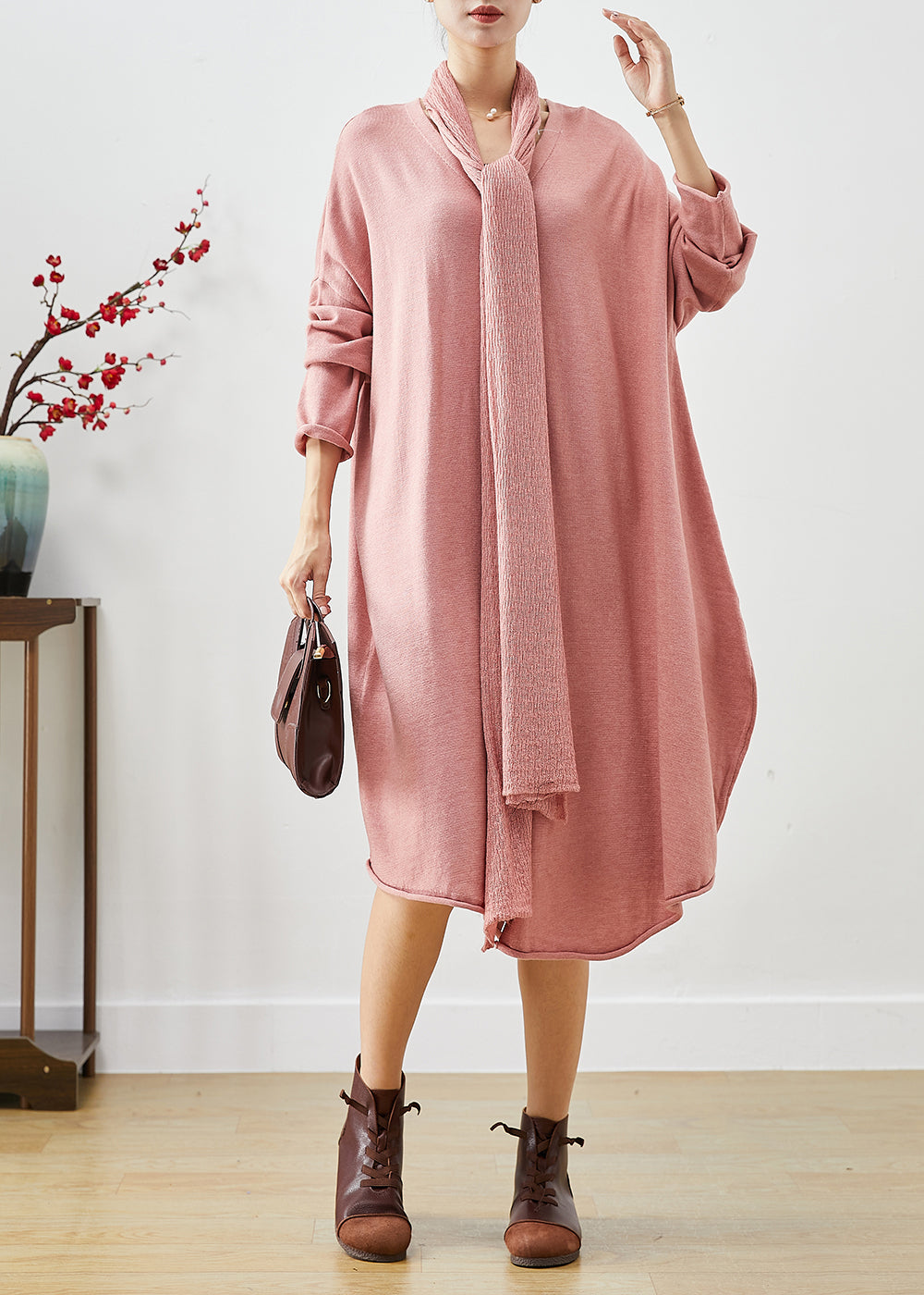 Pink Oversized Complimentary Scarf Knit Dress Batwing Sleeve