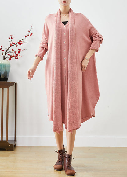 Pink Oversized Complimentary Scarf Knit Dress Batwing Sleeve