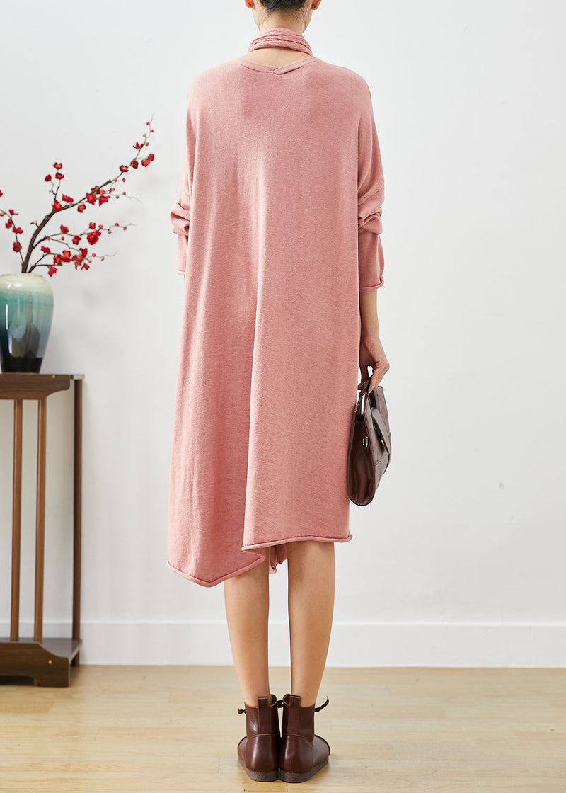 Pink Oversized Complimentary Scarf Knit Dress Batwing Sleeve