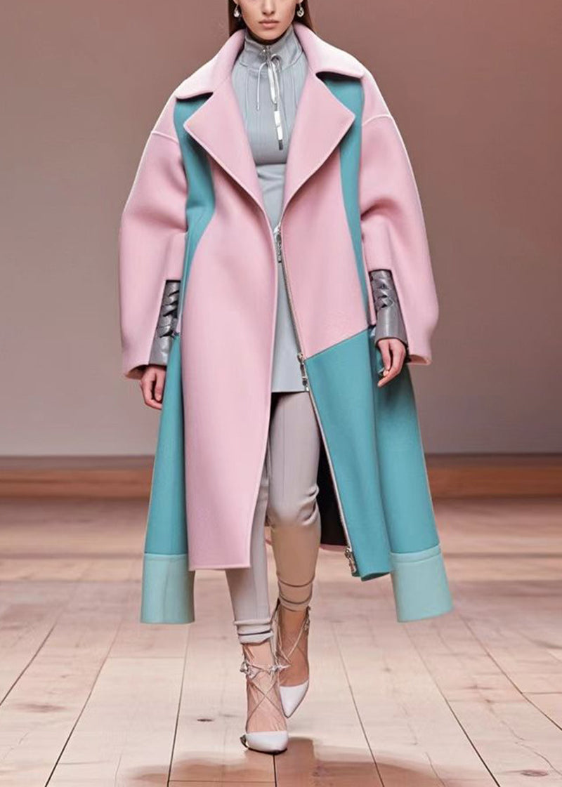 Pink Oversized Patchwork Woolen Coat Outwear Fall