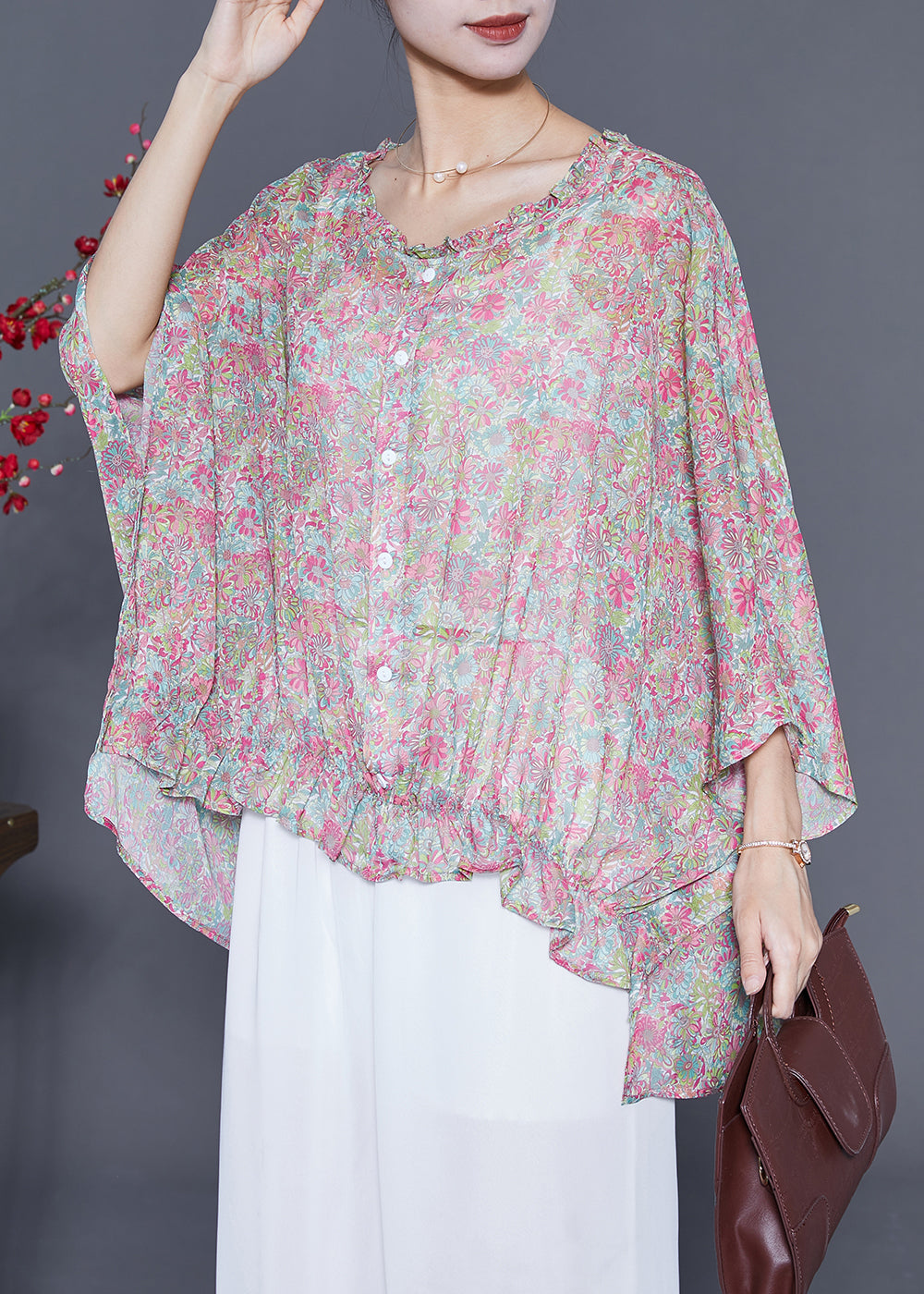 Pink Oversized Print Wrinkled Shirt Top Summer