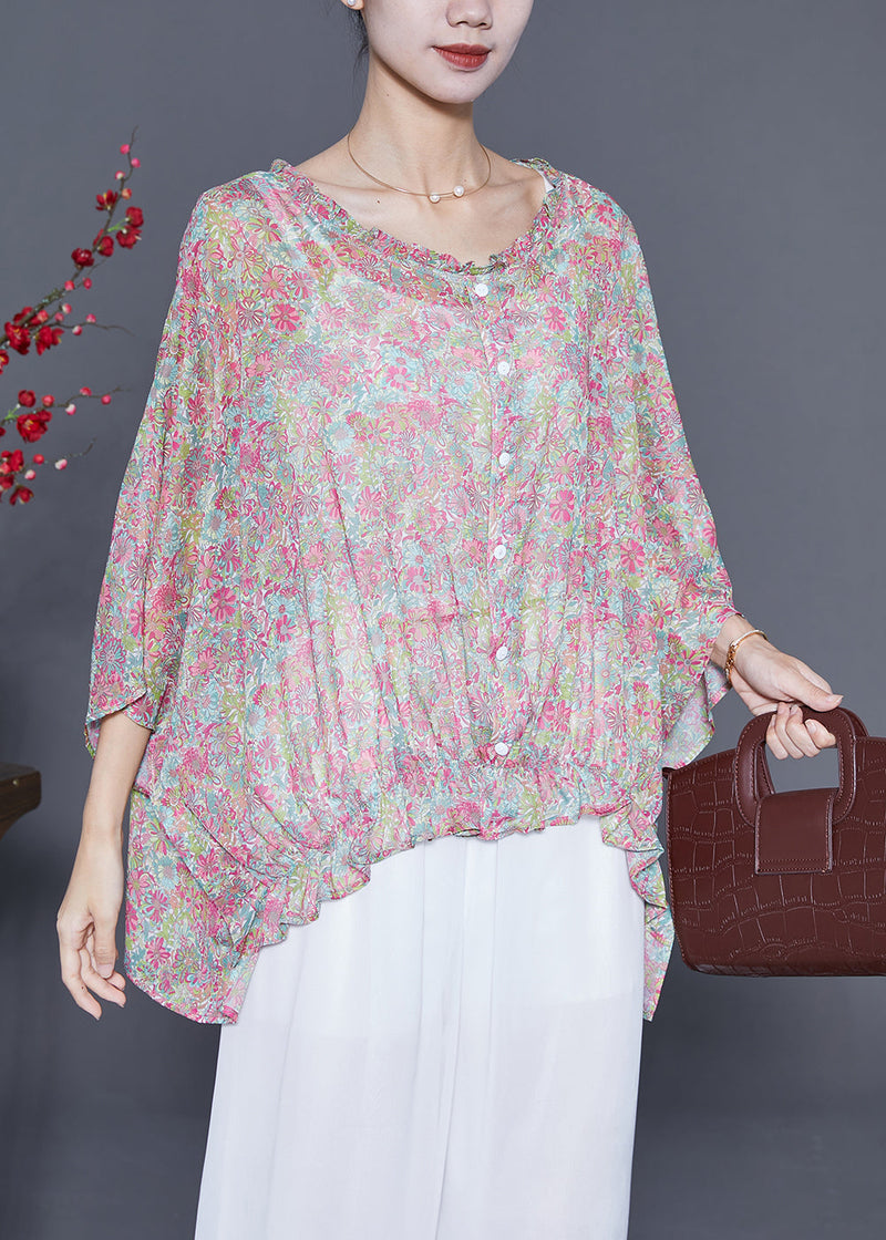Pink Oversized Print Wrinkled Shirt Top Summer