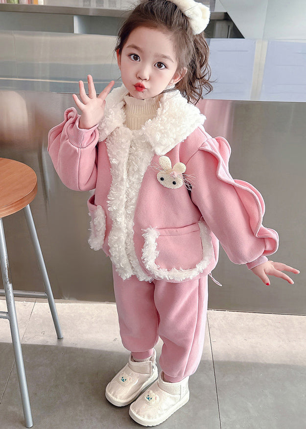 Pink Peter Pan Collar Patchwork Warm Fleece Coats Beam Pants and Two Pieces Set Winter