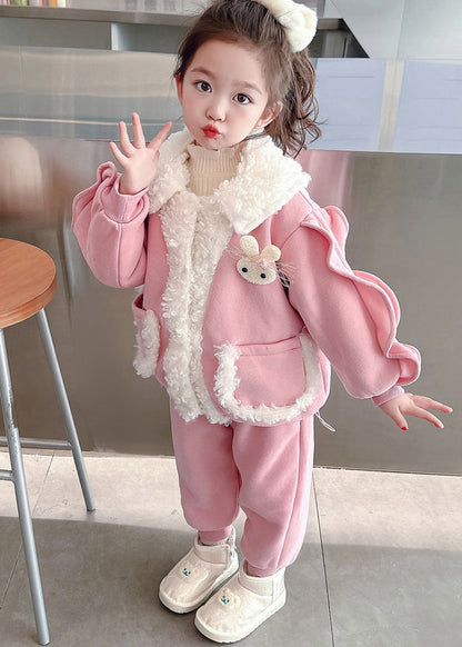 Pink Peter Pan Collar Patchwork Warm Fleece Coats Beam Pants and Two Pieces Set Winter