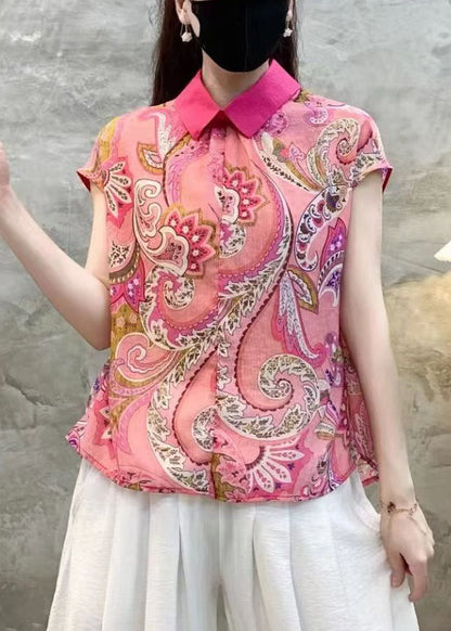 Pink Peter Pan Collar Print Cotton Tops Summer