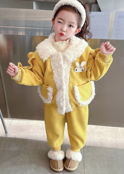 Pink Peter Pan Collar Warm Fleece Coats and Beam Pants Two Pieces Set Winter