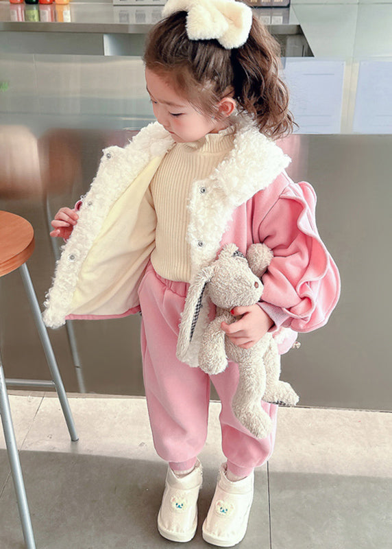 Pink Peter Pan Collar Warm Fleece Coats and Beam Pants Two Pieces Set Winter