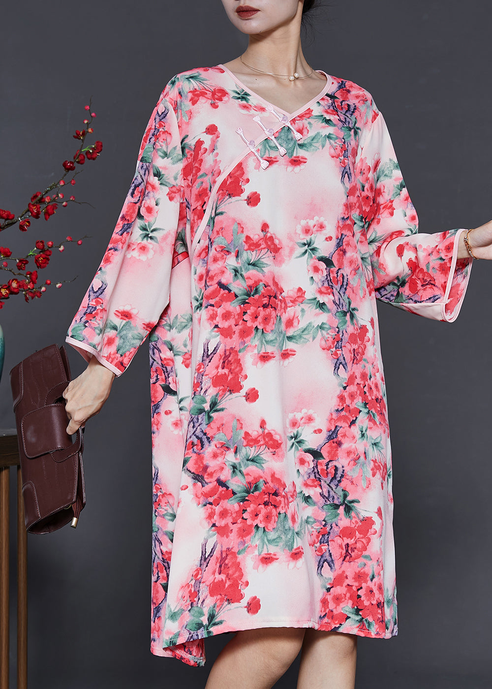 Pink Plum Blossom Print Cotton Dress Summer