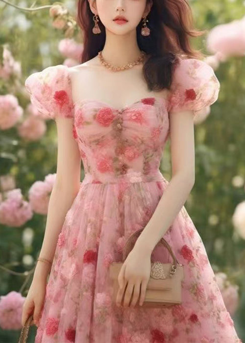 Pink Print High Waist Chiffon Long Dress Summer