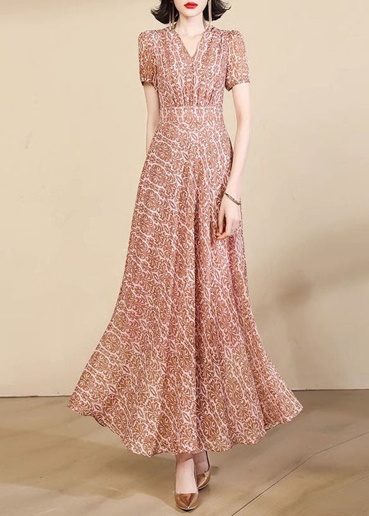 Pink Print High Waist Chiffon Maxi Dresses Summer