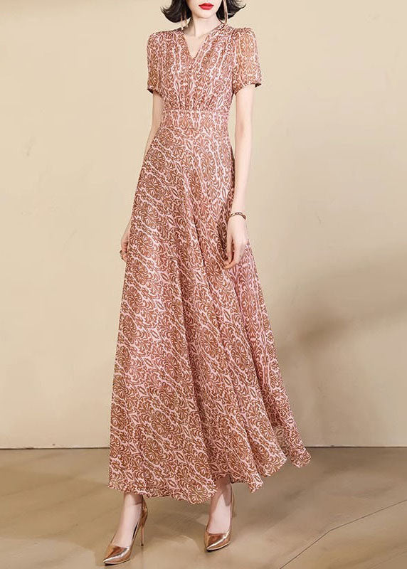 Pink Print High Waist Chiffon Maxi Dresses Summer