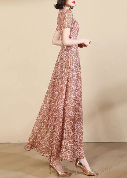 Pink Print High Waist Chiffon Maxi Dresses Summer