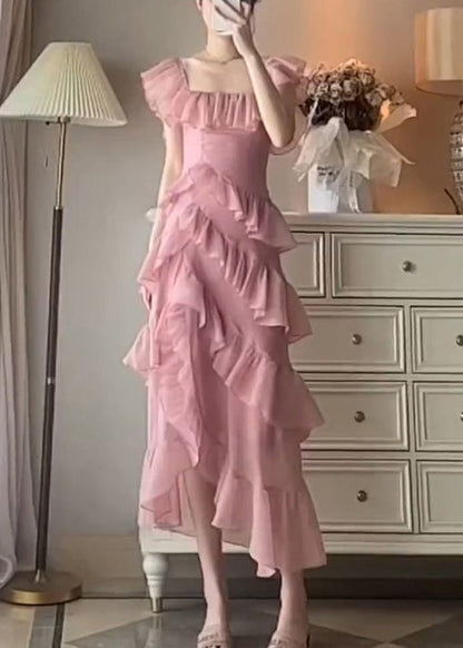 Pink Ruffled Asymmetrical Design Patchwork Chiffon Dresses Summer