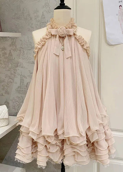 Apricot Ruffled Lace Tulle Mini Dress Sleeveless