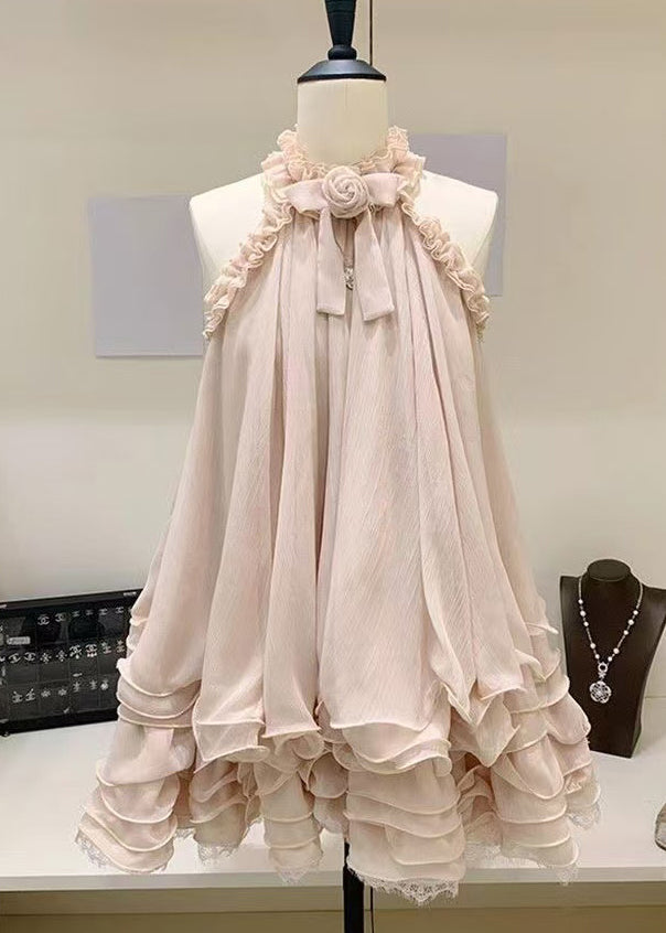 Apricot Ruffled Lace Tulle Mini Dress Sleeveless