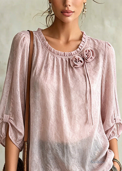 Pink Ruffled Patchwork Chiffon Tops Summer