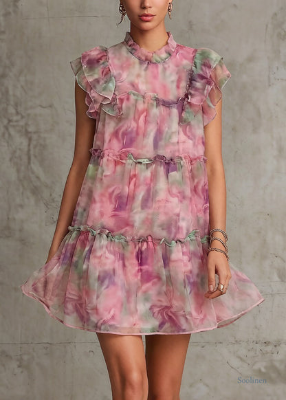 Pink Ruffled Print Chiffon Mid Dress Summer