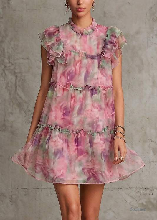 Pink Ruffled Print Chiffon Mid Dress Summer