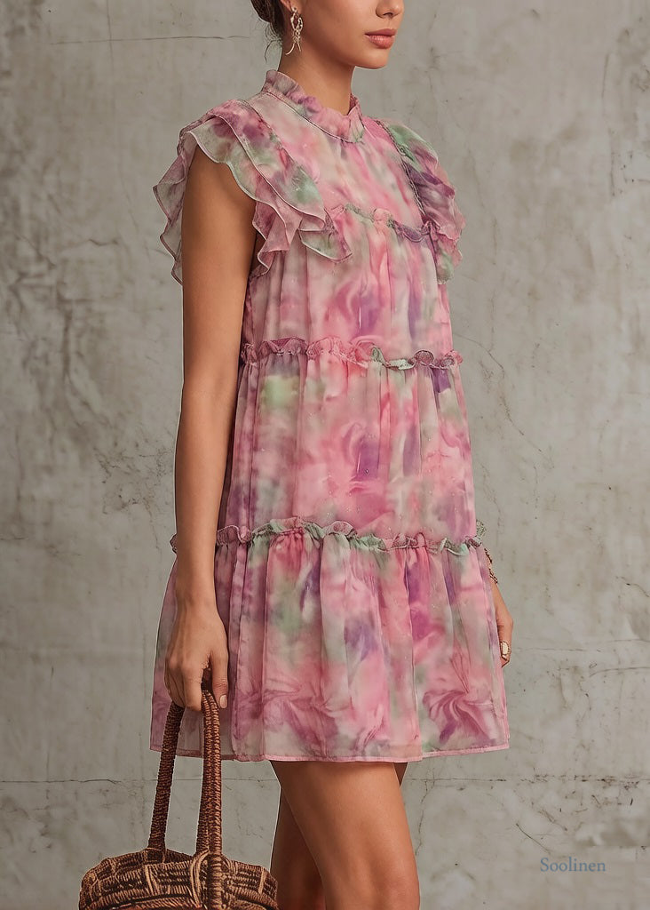 Pink Ruffled Print Chiffon Mid Dress Summer