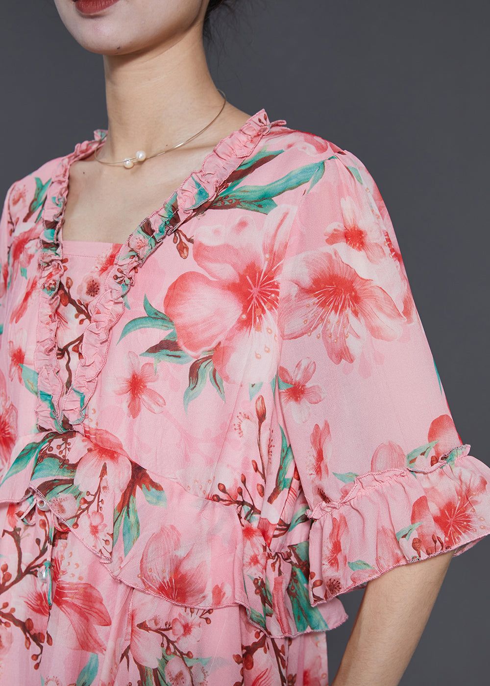Pink Ruffled Print Exra Large Hem Chiffon Dresses Summer