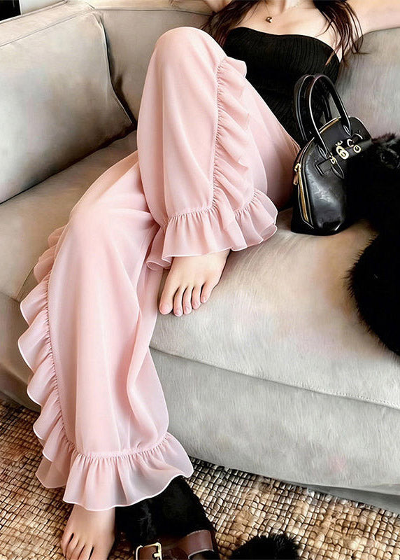 Pink Ruffled Tulle Straight Pants Summer