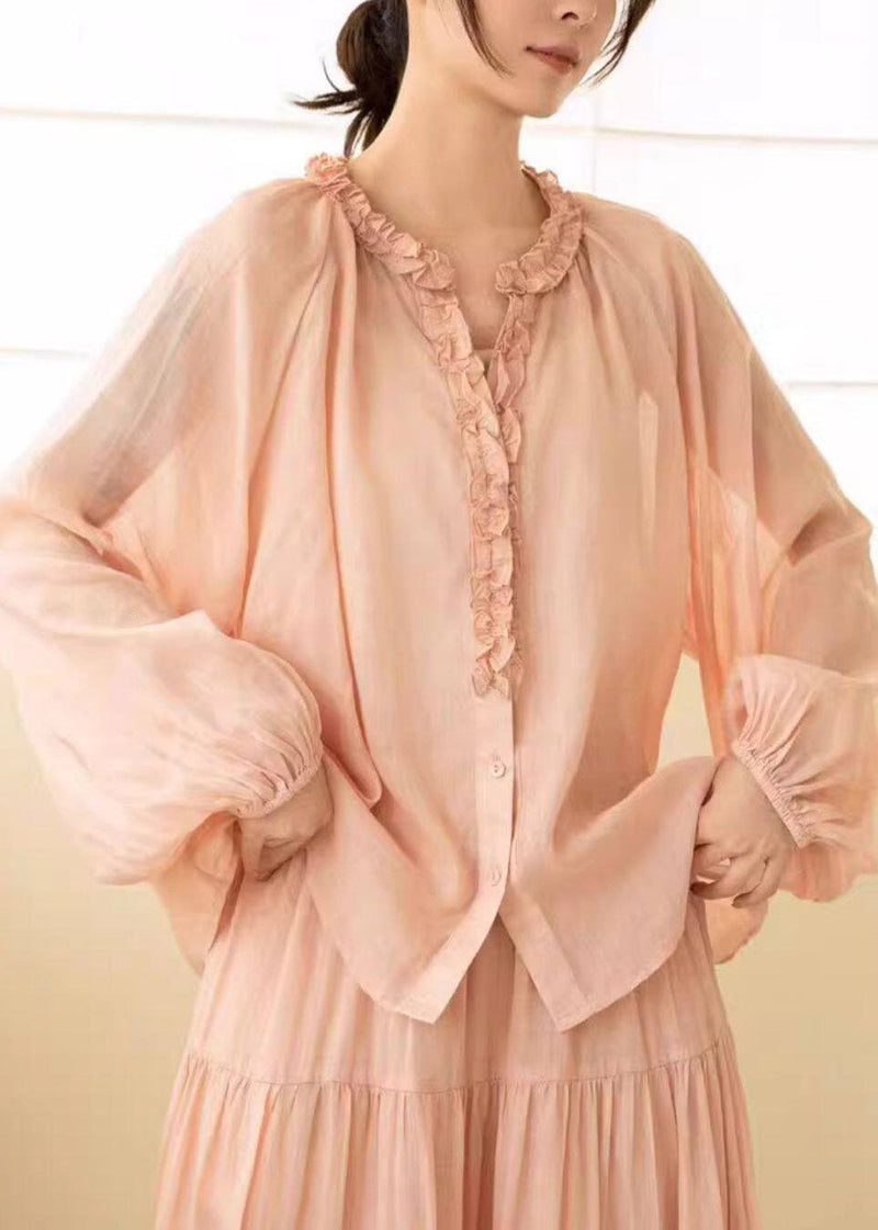 Pink Ruffled Wrinkled Linen Shirt Lantern Sleeve