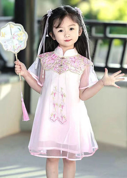 Pink Stand Collar Embroideried Tulle Holiday Tulle Maxi Dress Summer