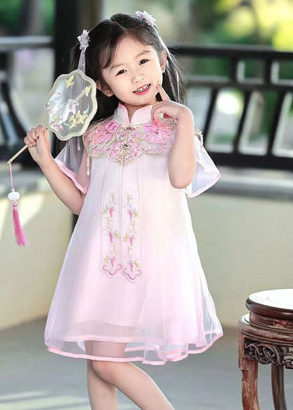 Pink Stand Collar Embroideried Tulle Holiday Tulle Maxi Dress Summer
