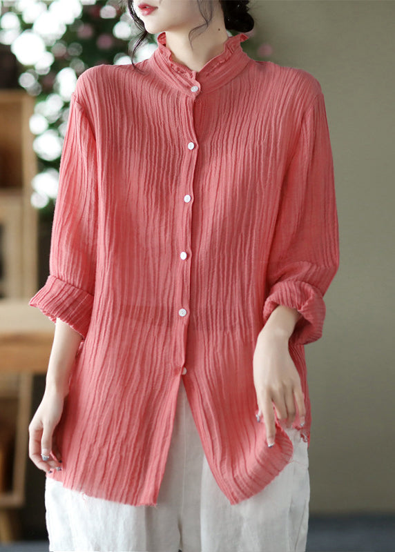 Pink Stand Collar Wrinkled Button Linen Shirt Long Sleeve