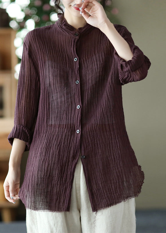 Pink Stand Collar Wrinkled Button Linen Shirt Long Sleeve