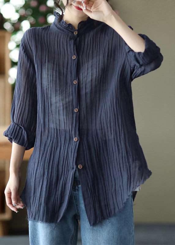 Pink Stand Collar Wrinkled Button Linen Shirt Long Sleeve